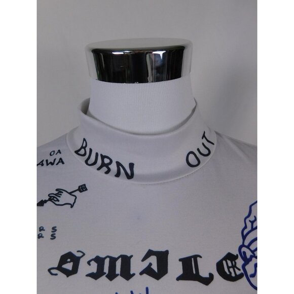 SHEIN Shirt Womens Medium White Blue Red Graphic Mock Neck Long Sleeve Crop - Picture 2 of 12